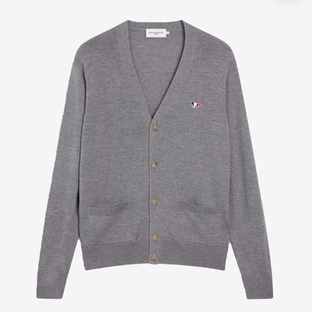 Maison Kitsune Unisex Tricolor Fox Patch Cardigan Grey Melange Medium